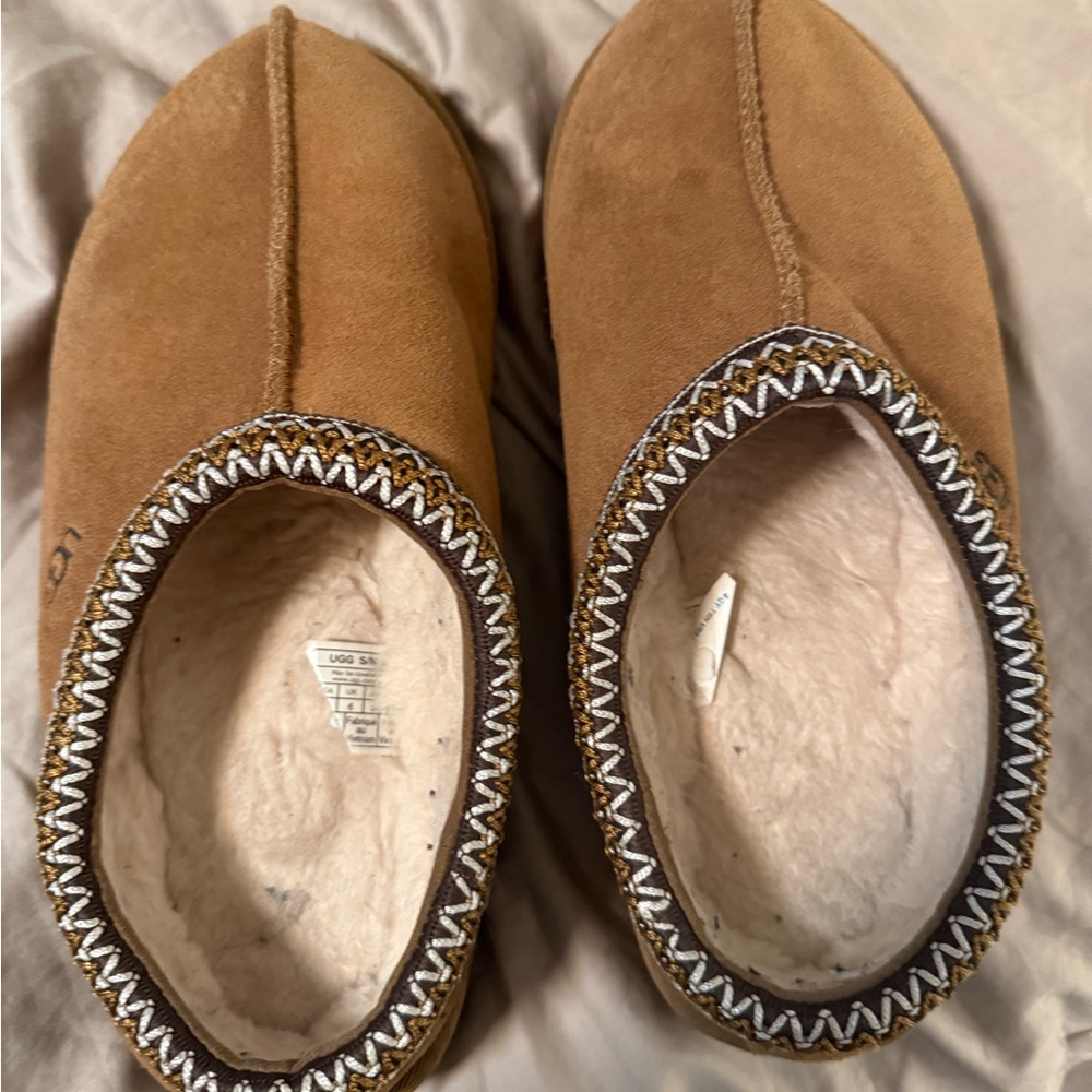 UGG Tan Slippers with White Trim